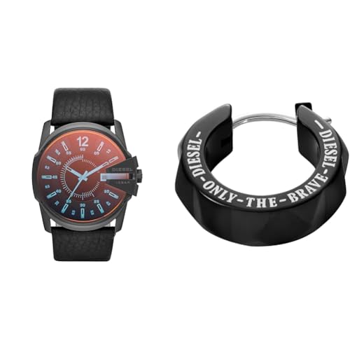 Diesel Herren Master Chief Schwarze Lederuhr und Edelstahl Ohrringe, Set von Diesel