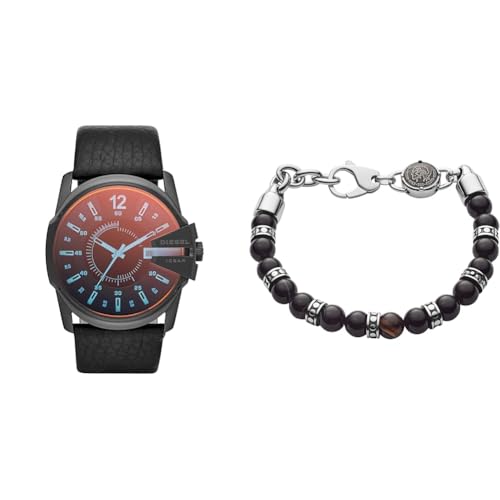 Diesel Herren Master Chief Schwarze Lederuhr und Halbedelstein Armband, Set von Diesel