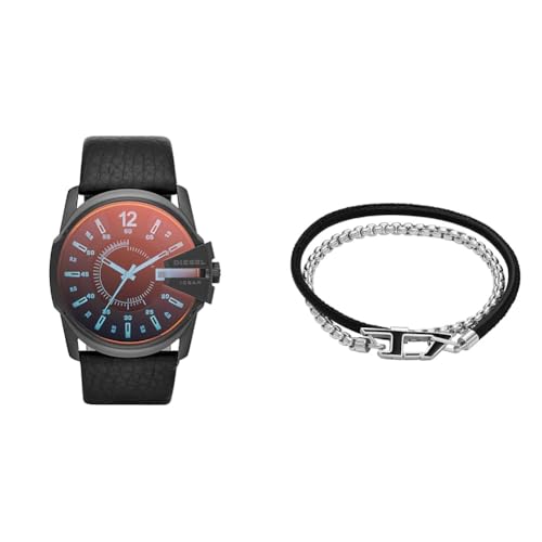 Diesel Herren Master Chief Schwarze Lederuhr und Silberfarbener Edelstahl Armband, Set von Diesel
