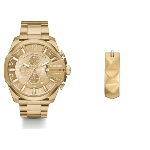 Diesel Herren Mega Chief Goldfarbene Edelstahl Uhr und Ohrringe, Set von Diesel