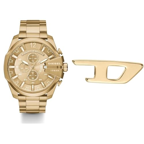 Diesel Herren Mega Chief Goldfarbene Edelstahl Uhr und Ohrringe, Set von Diesel