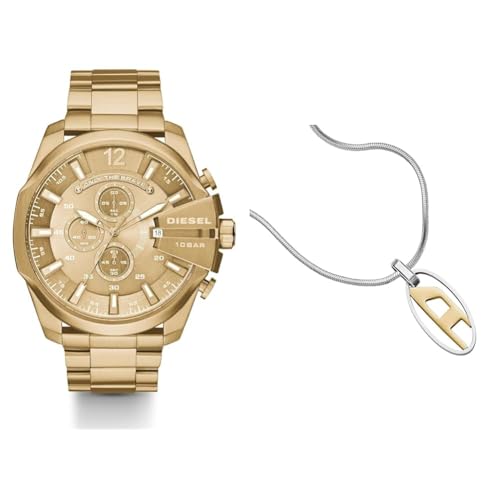 Diesel Herren Mega Chief Goldfarbene Edelstahl Uhr und Silberfarbene Halskette, Set von Diesel