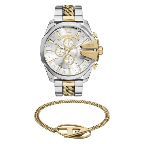Diesel Herren Mega Chief Multicolor Uhr und Oval D Logo Armband aus goldfarbenem Edelstahl, Set von Diesel