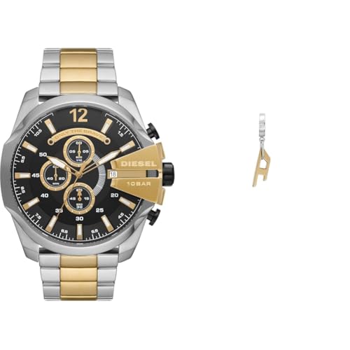 Diesel Herren Mega Chief Zweifarbige Edelstahl Uhr und Goldfarbene Ohrringe, Set von Diesel