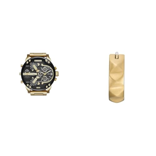 Diesel Herren Mr. Daddy 2.0 Goldfarbene Edelstahl Uhr und Ohrringe, Set von Diesel