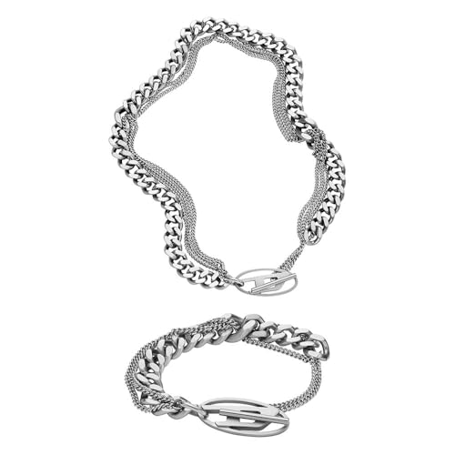 Diesel Herren Oval D Logo Halskette und Armband aus silberfarbenem Edelstahl, Set von Diesel