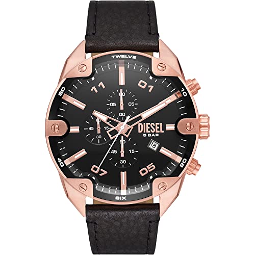 Diesel Herrenuhr Spiked, Chronographenwerk, 49mm Rose Gold Edelstahlgehäuse mit Lederarmband, DZ4607 von Diesel