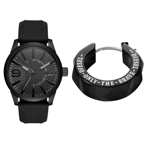 Diesel Herren Rasp Schwarze Silikonuhr und Edelstahl Ohrring, Set von Diesel