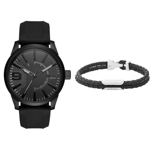 Diesel Herren Rasp Schwarze Silikonuhr und Leder Armband, Set von Diesel
