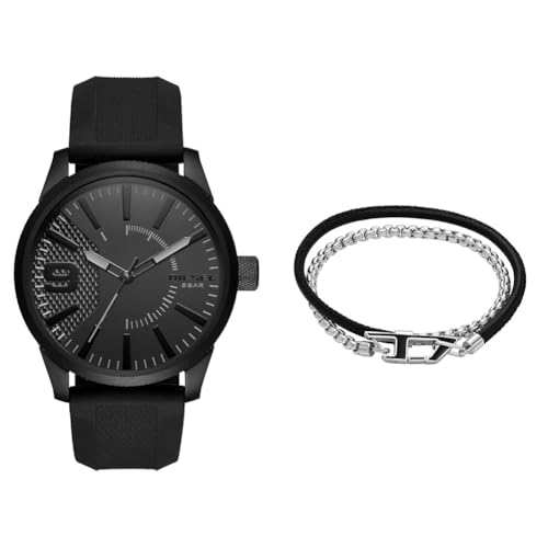 Diesel Herren Rasp Schwarze Silikonuhr und Silberfarbener Edelstahl Armband, Set von Diesel