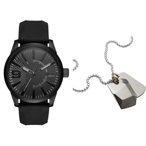 Diesel Herren Rasp Schwarze Silikonuhr und Silberfarbener Edelstahl Halskette, Set von Diesel