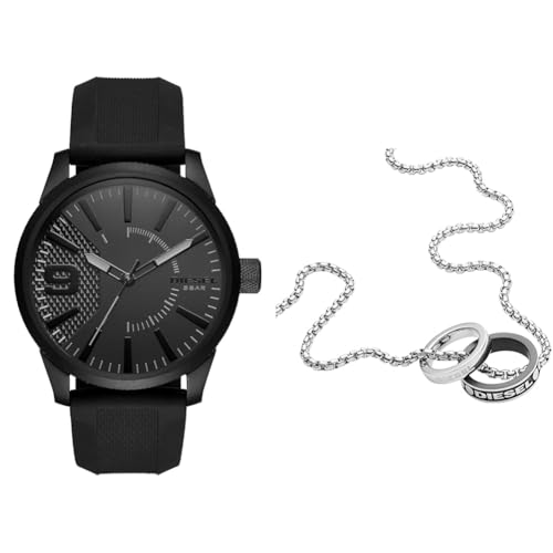 Diesel Herren Rasp Schwarze Silikonuhr und Silberfarbener Edelstahl Halskette, Set von Diesel