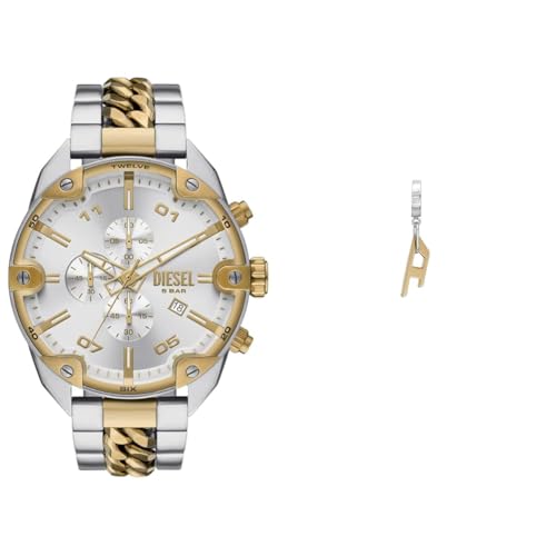 Diesel Herren Spiked Zweifarbige Edelstahl Uhr und Goldfarbene Ohrringe, Set von Diesel