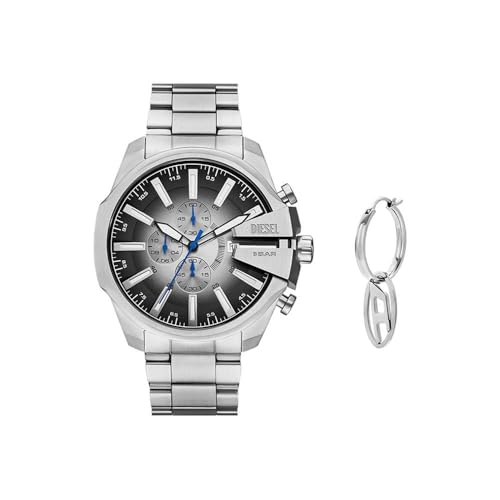 Diesel Herren Watch Mega Chief Slim Uhr und Oval D Logo Ohrringe, silberfarbener Edelstahl, Set von Diesel