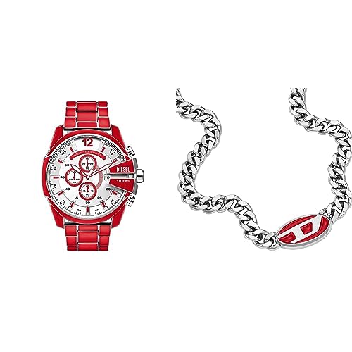 Diesel Herrenuhr Mega Chief und Kette Halskette - Chronographen-Uhrwerk, rot emailliert Edelstahl von Diesel