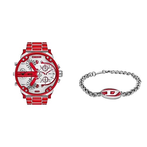 Diesel Herrenuhr Mr Daddy 2.0 und Kettenarmband - Zweihandwerk, rot emailliert, Edelstahl von Diesel