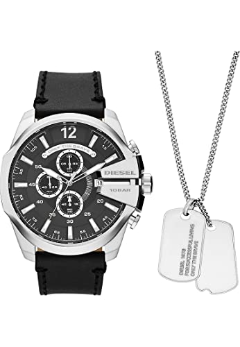 Diesel Herrenuhr Mega Chief, Chronographenwerk, 51 mm silberfarbenes Edelstahlgehäuse mit Lederarmband, DZ4559, Schwarz von Diesel