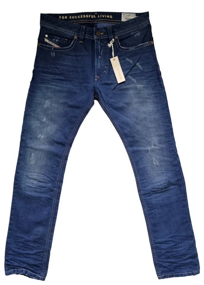 Diesel Slim-fit-Jeans Thavar 0801C (Blau Dunkelblau, Dirty Vintage Look) 100% Baumwolle, Leder Applikation, 5-Pocket-Style von Diesel