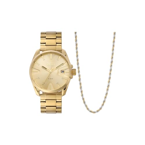 Diesel Herrenuhr Ms9, Dreizeigeruhrwerk, 44MM Goldenes Edelstahlgehäuse mit Edelstahlarmband, DZ2163SET Diesel Herrenuhr Ms9, Dreizeigeruhrwerk, 44MM Goldenes Edelstahlgehäuse mit Edelstahlarmband, DZ2163SET von Diesel