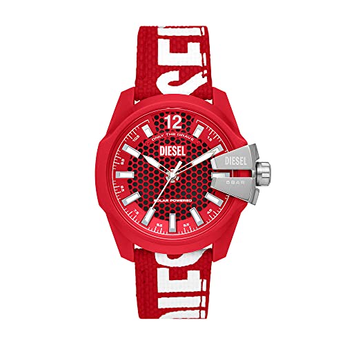 Diesel Herrenuhr Baby Chief, Solarbetriebenes Dreizeigeruhrwerk, 43MM Rotes Rizinusölgehäuse mit biobasiertem PUArmband, DZ4619 von Diesel