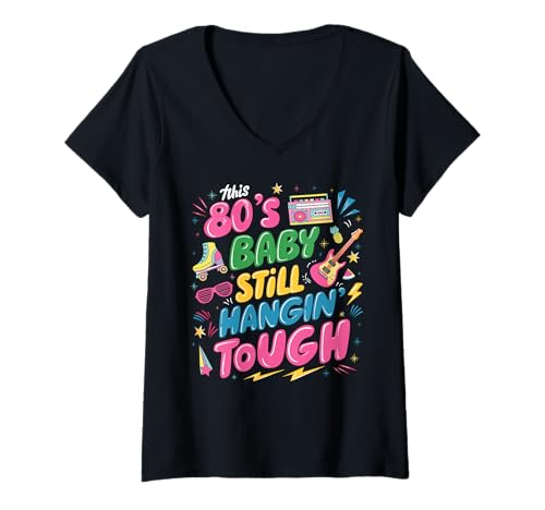 Damen Dieses Kind der 80er hält Immer noch durch – süßes Retro T-Shirt mit V-Ausschnitt von Dieses 80er-Jahre-Baby hängt immer noch durch