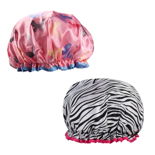 Diffaxy 2 Stück Doppellagige Duschhaube, Wiederverwendbare Elastische Shower Cap, Wasserdichte Duschhauben mit Rüschen zum Bedecken der Ohren, Satin Duschhaube für Damen Diffaxy 2 Stück Doppellagige Duschhaube, Wiederverwendbare Elastische Shower Cap, Wasserdichte Duschhauben mit Rüschen zum Bedecken der Ohren, Satin Duschhaube für Damen von Diffaxy