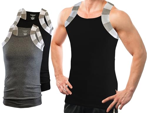 Different Touch 2er-Pack Herren-Tanktop mit quadratischem Schnitt, zweifarbiger Besatz, Schwarz / Kohlefarben, Mittel von Different Touch