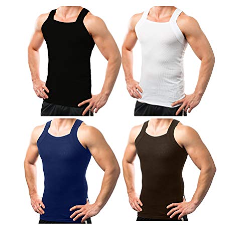 Different Touch Geripptes Tanktop für Herren, quadratischer Schnitt, Muskelrippe, Unterwäsche, 4er-Pack (Schwarz/Weiß/Marineblau/Braun), XL von Different Touch