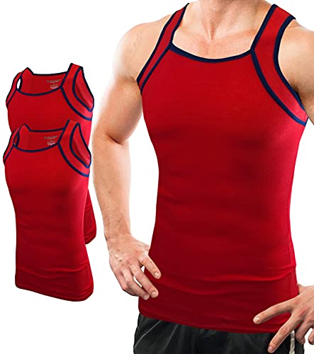 Different Touch Herren G-Unit Style Tank Tops Square Cut Muscle Rib A-Shirts 2er Pack, Rot mit marineblauem Rand, Klein von Different Touch