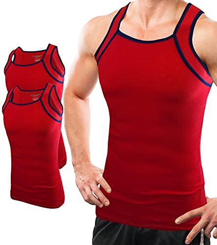 Different Touch Herren G-Unit Style Tank Tops Square Cut Muscle Rib A-Shirts 2er Pack, Rot mit marineblauem Rand, XX-Large von Different Touch