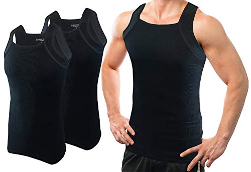 Different Touch Herren G-Unit Style Tank Tops Square Cut Muscle Rib A-Shirts 2er Pack, Schwarz mit schwarzem Rand, Mittel von Different Touch