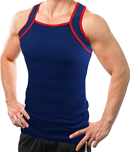 Different Touch Herren G-unit Style Tank Tops Square Cut Muscle Rib A-Shirts 2er Pack, Marineblau mit rotem Rand, XL von Different Touch
