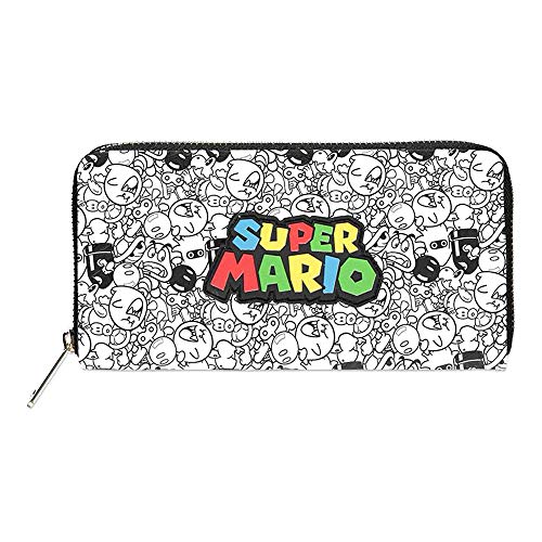 Difuzed Damen Super Mario Bros. Logo with All-Over Villain Characters Print Zip Around Purse Wallet Zubehör, Weiß von Super Mario