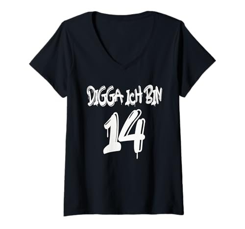 Damen Geschenke zum 14. Geburtstag - Digga ich Bin 14 T-Shirt mit V-Ausschnitt von Digga ich hab Geburtstag