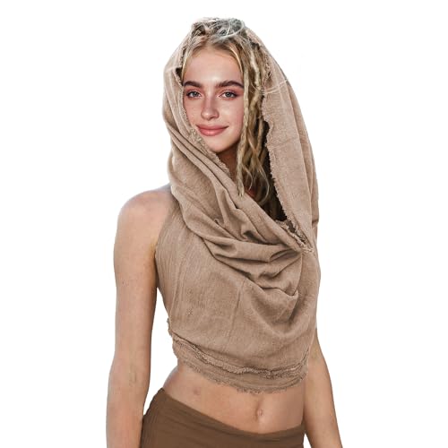 Dune Style Womens Crop Tank Top Neck Halter Hood Boho Open Back Sleeveless Cross Wrap Swim Cover Up mit Washed, und Raw-edge-Techniken 100% Baumwolle (Beige) von DigiTizerArt