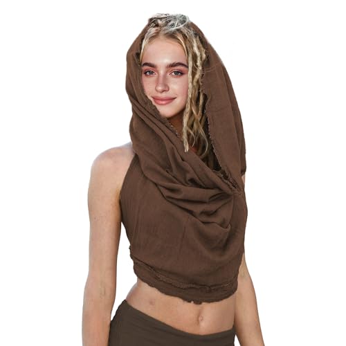 Dune Style Womens Crop Tank Top Neck Halter Hood Boho Open Back Sleeveless Cross Wrap Swim Cover Up mit Washed, und Raw-edge-Techniken 100% Baumwolle (Dark brown) von DigiTizerArt