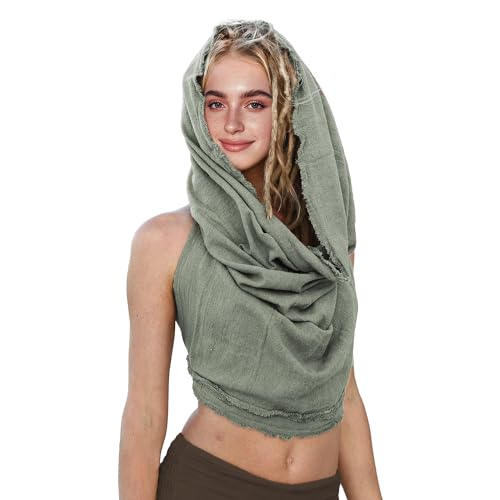 Dune Style Womens Crop Tank Top Neck Halter Hood Boho Open Back Sleeveless Cross Wrap Swim Cover Up mit Washed, und Raw-edge-Techniken 100% Baumwolle (Olive green) von DigiTizerArt