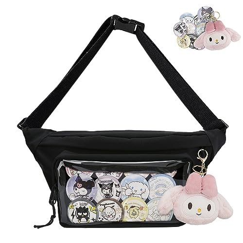 Fanny Pack Ita Tasche - Kawaii Crossbody Messenger Mit Klarem Fenster für Pin-Display - Japanische Hüfttasche für Frauen, Lolita Brusttasche, Geldbörse (Schwarz) von DigiTizerArt