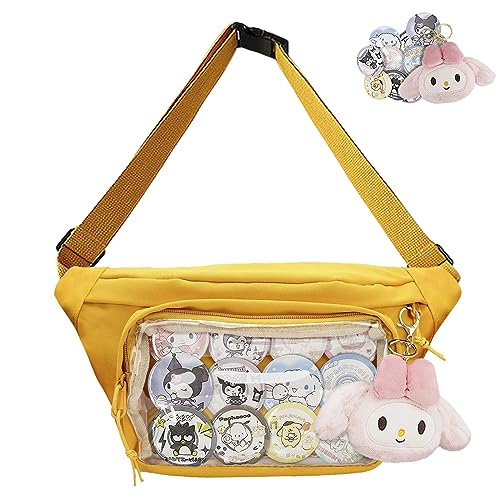 Fanny Pack Ita Tasche - Kawaii Crossbody Messenger Mit Klarem Fenster für Pin-Display - Japanische Hüfttasche für Frauen, Lolita Brusttasche, Geldbörse (Gelb) von DigiTizerArt