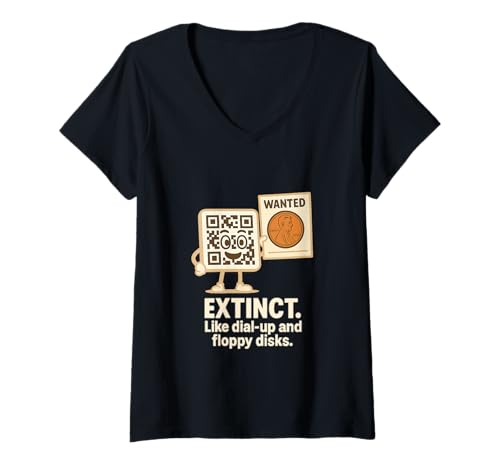 Damen Retro Tech Humor - QR Code vs Penny Extinction Cartoon T-Shirt mit V-Ausschnitt von Digital Age Comedy with Vintage Money Twist