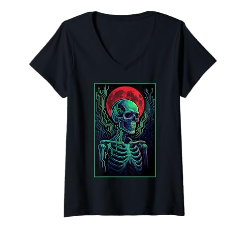 Damen Gruseliges Skeleton-Computerspiel, Gamer, Science-Fiction-Gaming T-Shirt mit V-Ausschnitt Damen Gruseliges Skeleton-Computerspiel, Gamer, Science-Fiction-Gaming T-Shirt mit V-Ausschnitt von Digital Dark Edgy Skeleton Red Fullmoon Punk