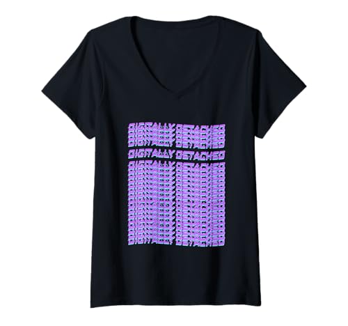 Damen Digital Detached Retro Pixel Typografie T-Shirt mit V-Ausschnitt von Digital Driftwear