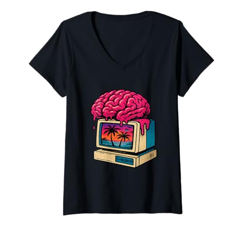Damen Das Gehirn schmilzt auf den Palmen des Retro-Computers T-Shirt mit V-Ausschnitt Damen Das Gehirn schmilzt auf den Palmen des Retro-Computers T-Shirt mit V-Ausschnitt von Digital Sunset Minds