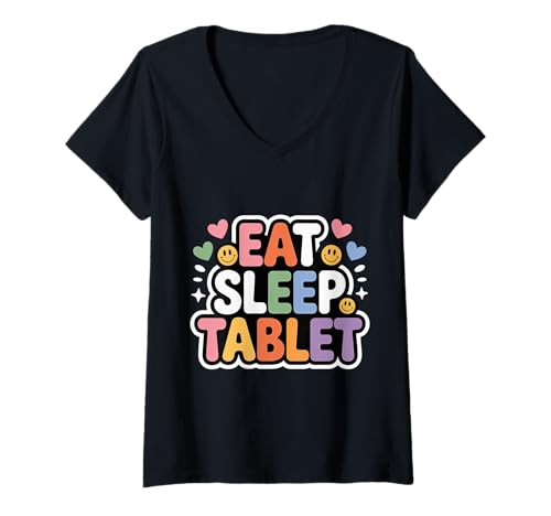 Damen Eat Sleep Tablet Screen Tech Kid Witz - T-Shirt mit V-Ausschnitt Damen Eat Sleep Tablet Screen Tech Kid Witz - T-Shirt mit V-Ausschnitt von Digital Techy Kid