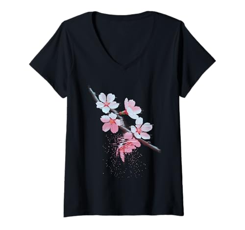 Damen Kirschblüten Ästhetik Glitch Look und Japan Sakura Blume T-Shirt mit V-Ausschnitt Damen Kirschblüten Ästhetik Glitch Look und Japan Sakura Blume T-Shirt mit V-Ausschnitt von Digitale Kunst Blütenzweig Frühling im Pixel Look