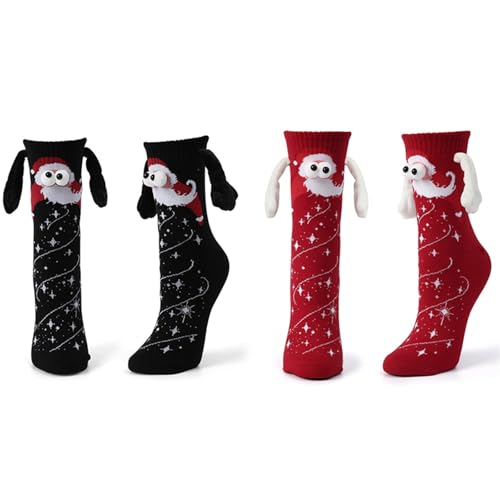 Dihope 2 Paar Lustige Magnetische Weihnachten Socken,3D-P-Uppen-Paar-Weihnachtssocken,Unisex Hand in Hand Socken mit Magnetarmen,Funny Freundschaftssocken für Damen und Herren von Dihope