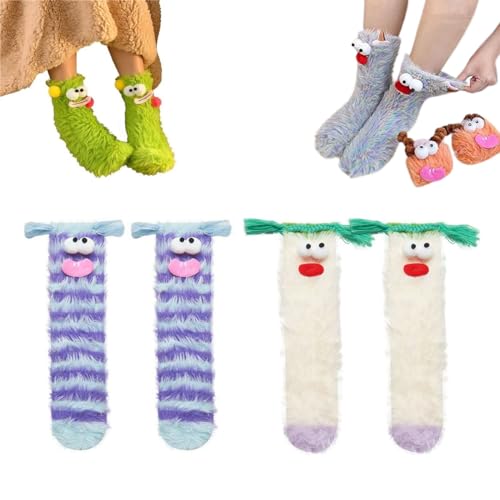 Dihope 2 Paar Lustige Socken,3D Cartoon Monster Socken Mit Großen Augen Unisex Winter Flauschig Socken Korallenvlies Bodensocken,Funny Freundschaftssocken für Damen und Herren von Dihope