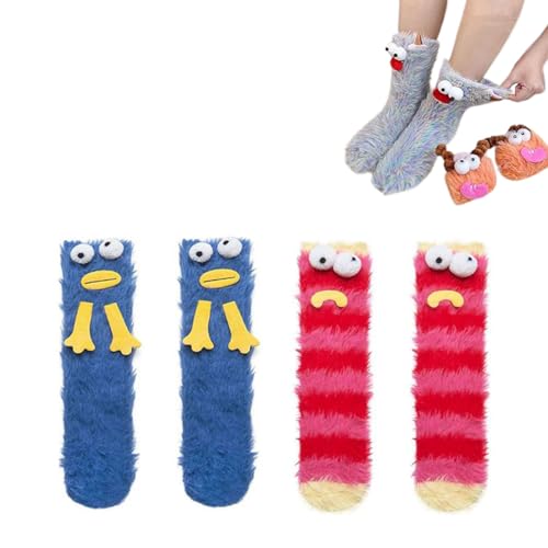 Dihope 2 Paar Lustige Socken,3D Cartoon Monster Socken Mit Großen Augen Unisex Winter Flauschig Socken Korallenvlies Bodensocken,Funny Freundschaftssocken für Damen und Herren von Dihope