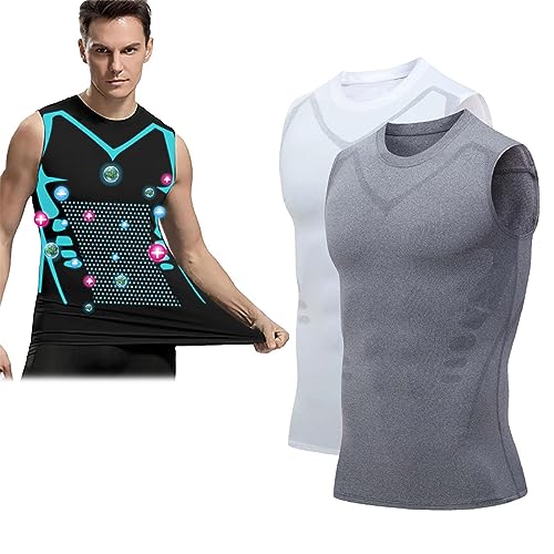 Dihope 2024 New Version Ionic Shaping Vest,Ionic Body Shaping Weste,Comfortable Atmungsaktiv Eisseide Schnelltrocknendes Compression Shirt Tank Top Shapewear(Grau+Weiß,L) von Dihope