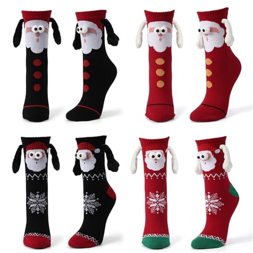 Dihope 4 Paar Lustige Magnetische Weihnachten Socken,3D-P-Uppen-Paar-Weihnachtssocken,Unisex Hand in Hand Socken mit Magnetarmen,Funny Freundschaftssocken für Damen und Herren von Dihope